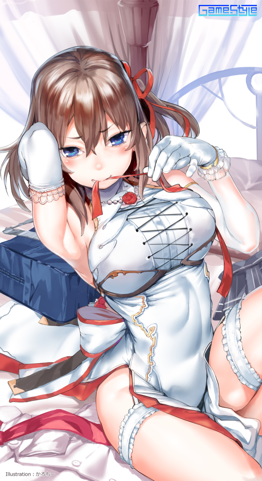 1girl arm_up armpits bag blue_eyes blush breasts brown_hair china_dress chinese_clothes covered_navel dress elbow_gloves folded_leg game-style garter_straps gloves hair_between_eyes hair_ribbon highres karochii large_breasts leg_garter looking_at_viewer medium_hair mouth_hold on_bed one_side_up original pelvic_curtain phone_wallpaper pleated_skirt ribbon ribbon_in_mouth school_bag sitting skirt solo wallpaper white_dress white_gloves