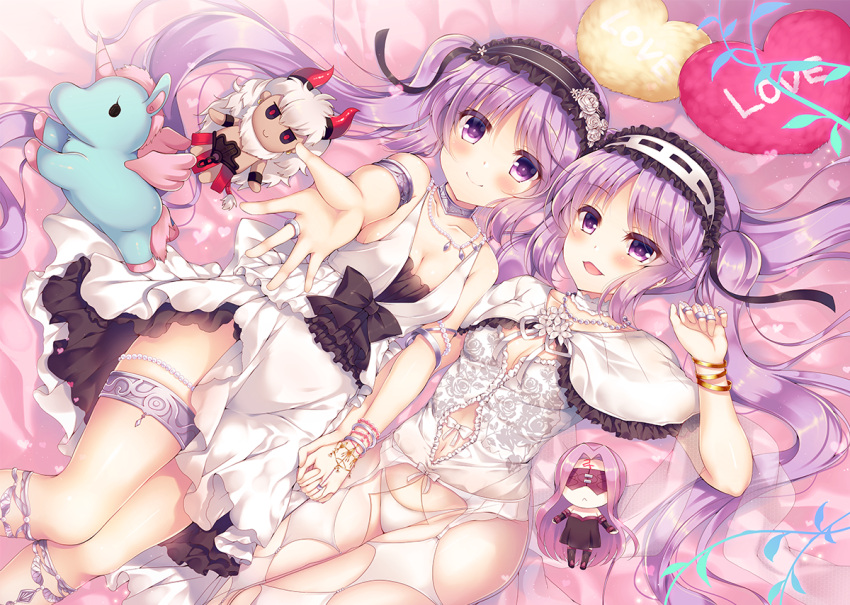 2girls bangs bare_shoulders bed bed_sheet black_ribbon blush breasts character_doll commentary_request dot_nose euryale eyebrows_visible_through_hair fate/grand_order fate/hollow_ataraxia fate_(series) feet_out_of_frame frills hairband heart heart_pillow interlocked_fingers jewelry legband lolita_hairband long_hair looking_at_viewer lying medium_breasts multiple_girls on_back on_bed open_mouth outstretched_arm pillow purple_hair ribbon rider ring smile stheno stuffed_toy suzune_rena take_your_pick twintails violet_eyes wristband