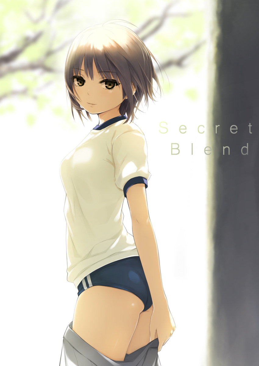 1girl aoyama_sumika ass bangs breasts brown_eyes brown_hair buruma coffee-kizoku commentary_request cowboy_shot day eyebrows_visible_through_hair from_side gym_shorts gym_uniform highres holding holding_skirt looking_at_viewer medium_breasts original outdoors pleated_skirt shirt short_hair short_sleeves shorts sidelocks skirt skirt_pull smile solo tree tree_branch