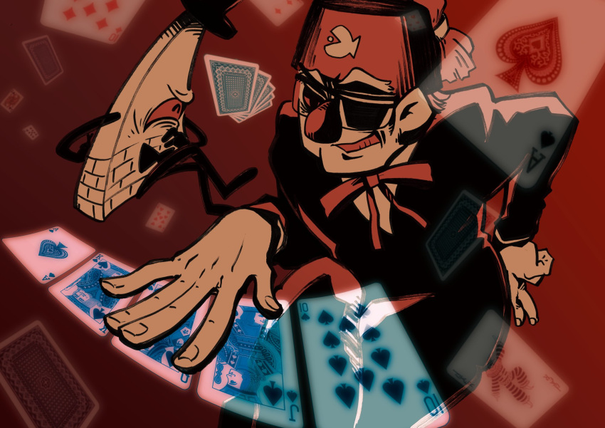 1boy ace_of_spades bill_cipher bow bowtie card closed_eye crossed_fingers diamonds_(playing_card) eyebrows eyepatch fez_hat formal gambling glasses gravity_falls grin hat highres jack_of_spades joker king_of_spades laughing limited_palette melon_(melon_cream_soda) necktie old_man one-eyed playing_card poker queen_of_spades red_background smile spades_(playing_card) stanley_pines suit top_hat triangle