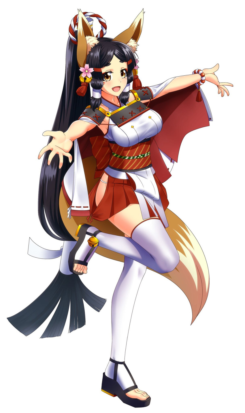 1girl :d absurdly_long_hair animal_ears bangs bare_arms bell black_hair blush breasts brown_eyes cape fang flower fox_ears fox_tail full_body hair_bell hair_flower hair_ornament highres japanese_clothes kagiyama_(gen'ei_no_hasha) long_hair long_ponytail looking_at_viewer medium_breasts o-ring obi open_mouth original outstretched_arms parted_bangs ponytail ribbon sandals sash simple_background smile solo standing standing_on_one_leg tail thick_eyebrows thigh-highs tied_hair toeless_legwear very_long_hair white_background white_legwear