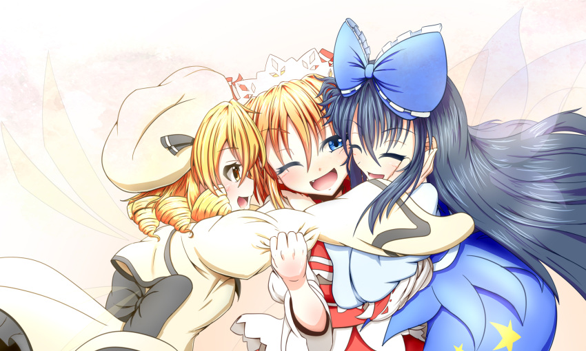 3girls :d ;d ^_^ arm_grab black_bow black_hair blonde_hair blue_bow blue_eyes bow capelet closed_eyes dress drill_hair fairy_wings fang from_behind gradient gradient_background group_hug hair_bow hand_on_another's_cheek hand_on_another's_face happy hat headdress highres hug juliet_sleeves long_hair long_sleeves looking_at_another luna_child multiple_girls obi one_eye_closed open_mouth pink_background puffy_sleeves redhead sash short_hair smile star_sapphire sunny_milk touhou very_long_hair wan_tama white_dress wings yellow_eyes