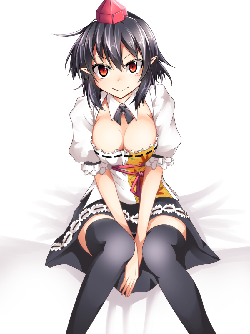 1girl ashiroku_(miracle_hinacle) bangs between_legs black_hair black_skirt breasts cleavage commentary_request detached_collar hand_between_legs hat highres looking_at_viewer pointy_ears puffy_short_sleeves puffy_sleeves red_eyes shameimaru_aya short_hair short_sleeves sitting skirt smile solo swimsuit thigh-highs tokin_hat touhou v_arms