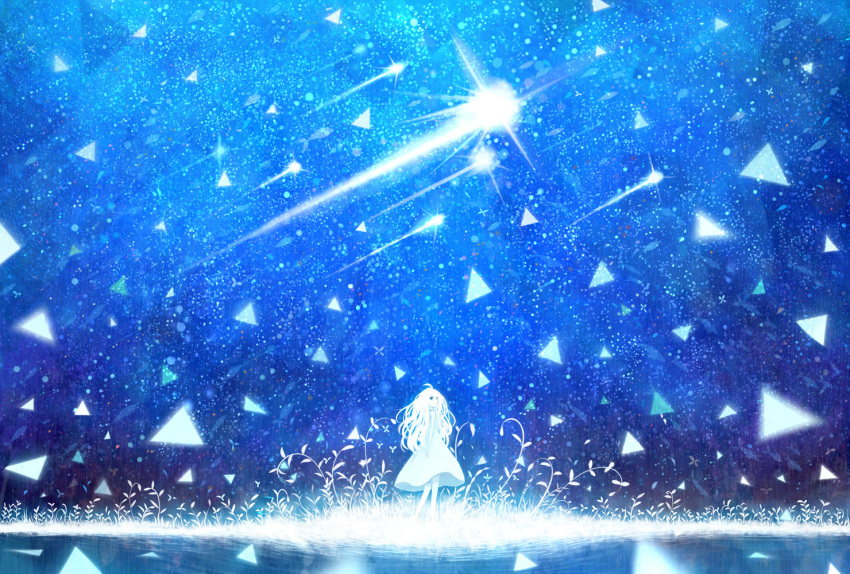 1girl ahoge blue blue_dress blue_eyes blue_sky commentary_request dress fantasy glowing grass long_hair looking_at_viewer magic original sakimori_(hououbds) shooting_star sky solo standing star_(sky) starry_sky white_hair