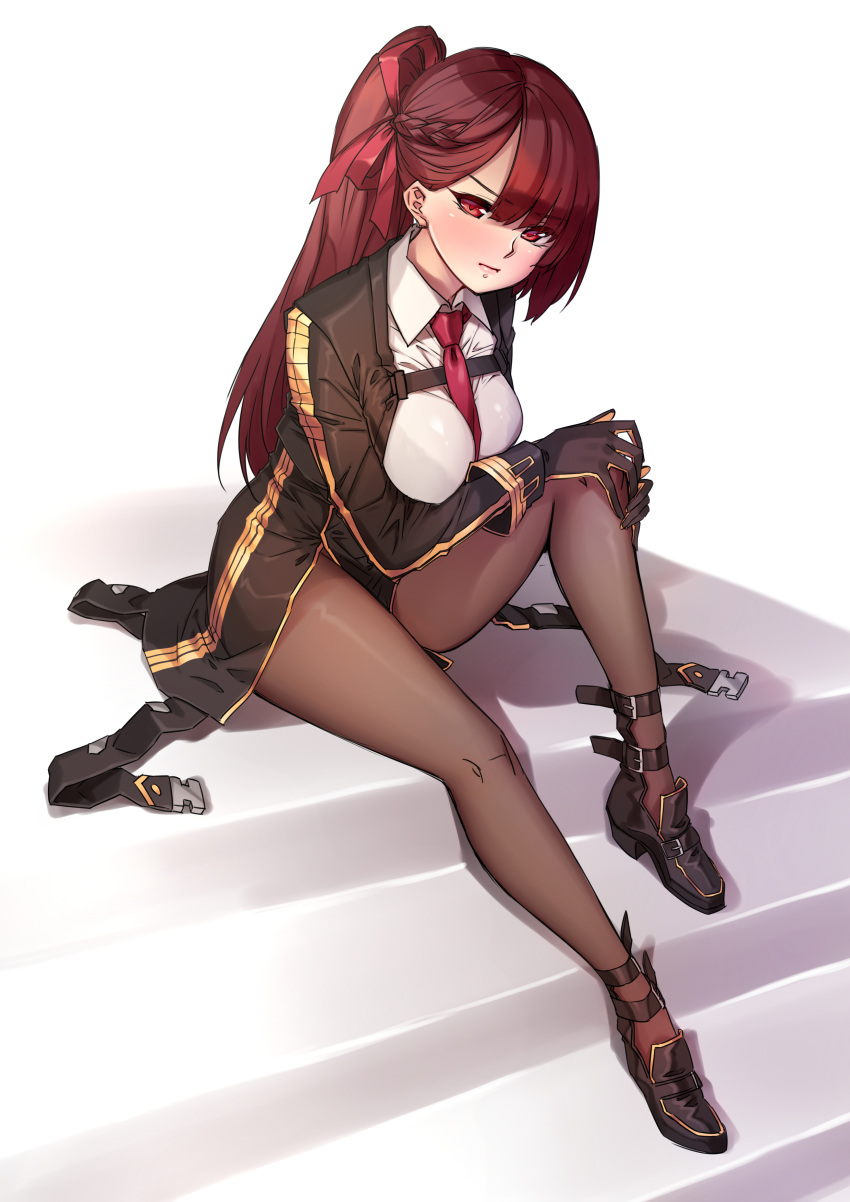 1girl absurdres asymmetrical_bangs bangs between_breasts black_shoes blush braid breasts brown_hair closed_mouth eyebrows_visible_through_hair girls_frontline half_updo highres jacket knee_up large_breasts long_hair looking_at_viewer necktie necktie_between_breasts open_clothes open_jacket pantyhose ponytail red_eyes red_necktie shoes sitting solo stairs tsurime wa2000_(girls_frontline) yin-ting_tian