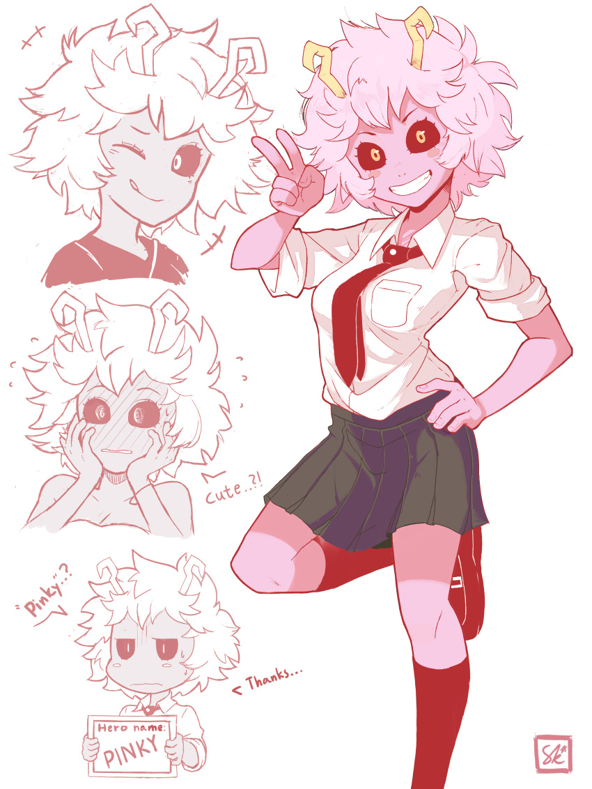 10s 1girl absurdres ashido_mina black_sclera blush blush_stickers boku_no_hero_academia breasts cleavage grin hand_on_hip highres horns medium_breasts messy_hair necktie one_eye_closed pink_hair pink_skin pleated_skirt sally_(luna-arts) school_uniform short_hair sign signature skirt smile solo standing standing_on_one_leg sweat tongue tongue_out yellow_eyes