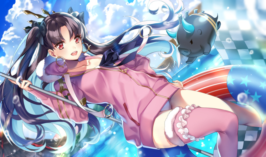 1girl bangs black_hair blue_sky blurry checkered checkered_flag clouds cloudy_sky collarbone cow day depth_of_field earrings fate/grand_order fate_(series) floating_hair fur-trimmed_legwear fur_trim hamada_pochiwo holding hoop_earrings horse innertube ishtar_(fate/grand_order) jewelry long_hair looking_at_viewer ocean outdoors parted_bangs pink_legwear red_eyes single_thighhigh sky solo sparkle swimsuit thigh-highs thighs tohsaka_rin two_side_up white_swimsuit