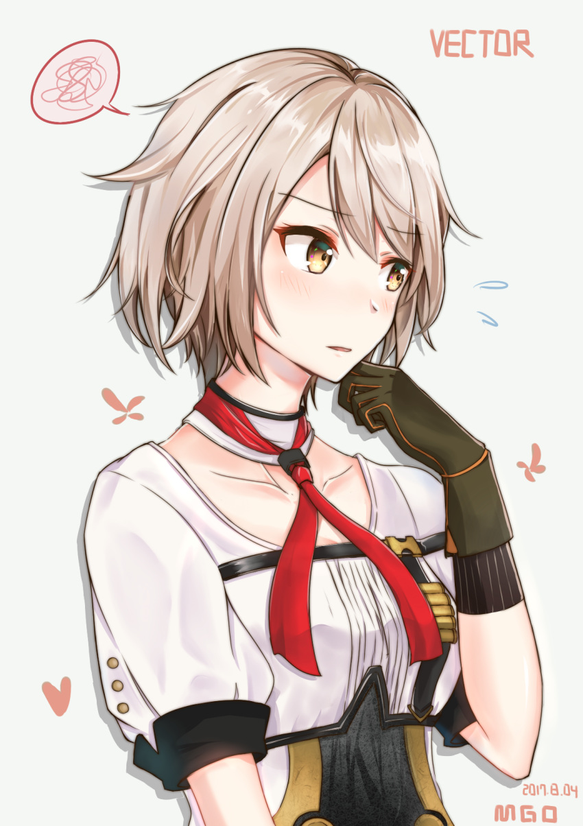 1girl blush character_name dated flying_sweatdrops girls_frontline gloves highres looking_away mango_(mgo) necktie short_hair silver_hair solo spoken_squiggle squiggle tdi_vector_(girls_frontline) yellow_eyes