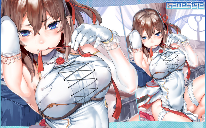 1girl arm_up armpits bag blue_eyes blush breasts brown_hair china_dress chinese_clothes covered_navel dress elbow_gloves folded_leg game-style garter_straps gloves hair_between_eyes hair_ribbon highres karochii large_breasts leg_garter looking_at_viewer medium_hair mouth_hold on_bed one_side_up original pelvic_curtain pleated_skirt ribbon ribbon_in_mouth school_bag sitting skirt solo wallpaper white_dress white_gloves