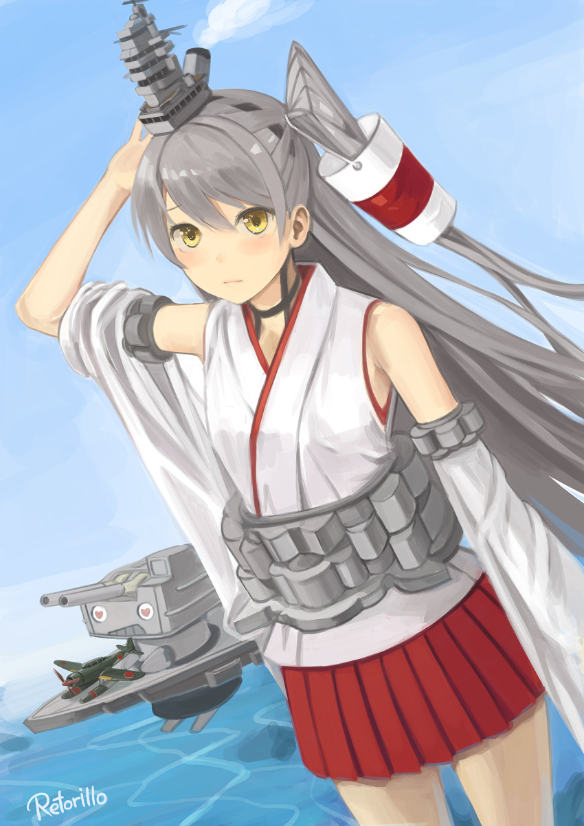 1girl amatsukaze_(kantai_collection) artist_name blue_sky cannon commentary_request cosplay day detached_sleeves e16a_zuiun fusou_(kantai_collection) fusou_(kantai_collection)_(cosplay) hair_ornament hair_tubes heart heart-shaped_pupils highres kantai_collection long_hair looking_at_viewer nontraditional_miko o_o ocean pleated_skirt rensouhou-kun retorillo silver_hair skirt sky symbol-shaped_pupils turret two_side_up yellow_eyes