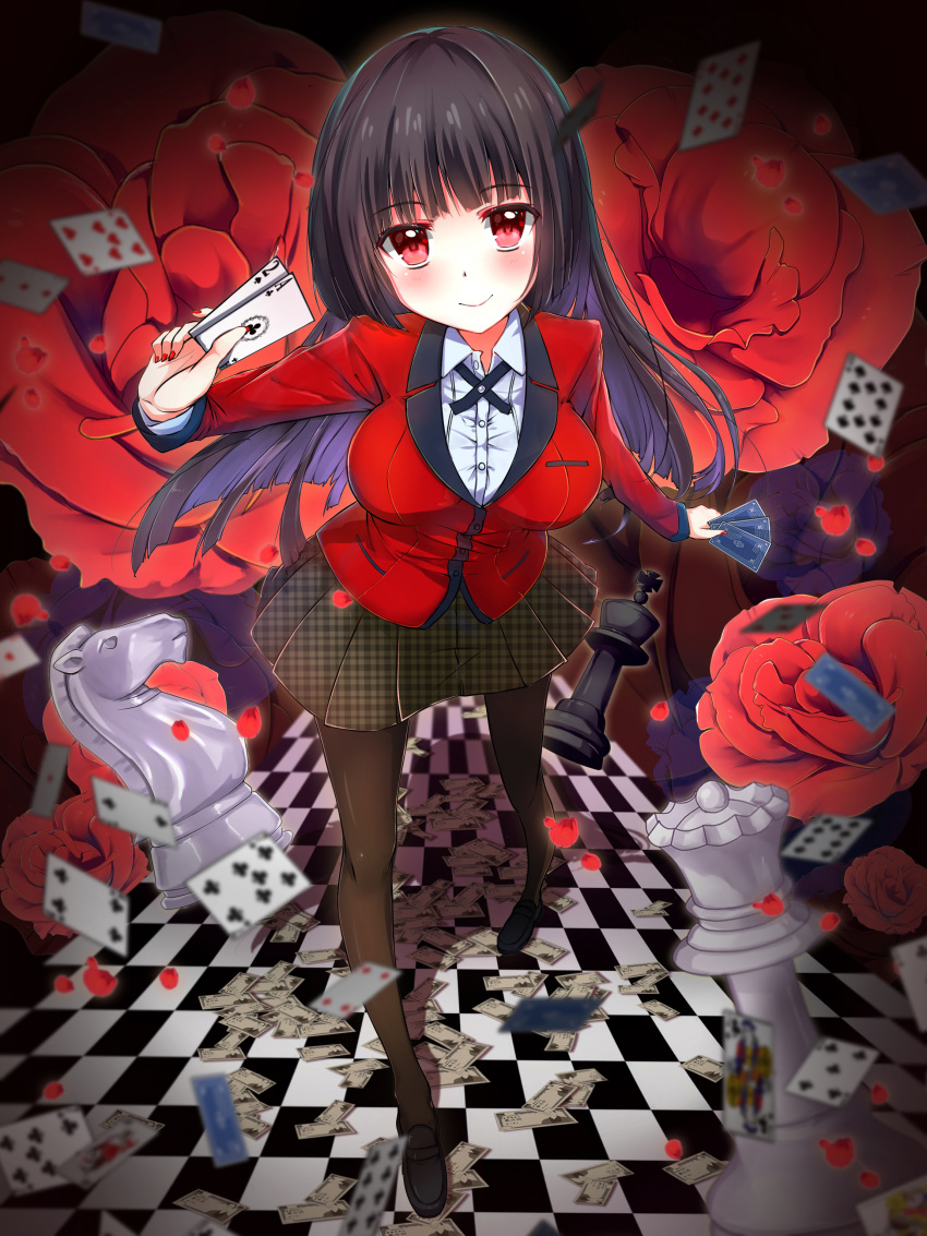 1girl absurdres bangs black_hair black_legwear black_ribbon black_skirt blush breasts card checkered checkered_floor chess_piece commentary eyebrows_visible_through_hair flower highres hime_cut holding holding_card jabami_yumeko kakegurui large_breasts lipstick long_hair looking_at_viewer makeup money nail_polish pantyhose petals plaid plaid_skirt purple_rose realdragon red_eyes red_nails red_rose red_suit ribbon rose school_uniform skirt smile solo suit_jacket very_long_hair yen