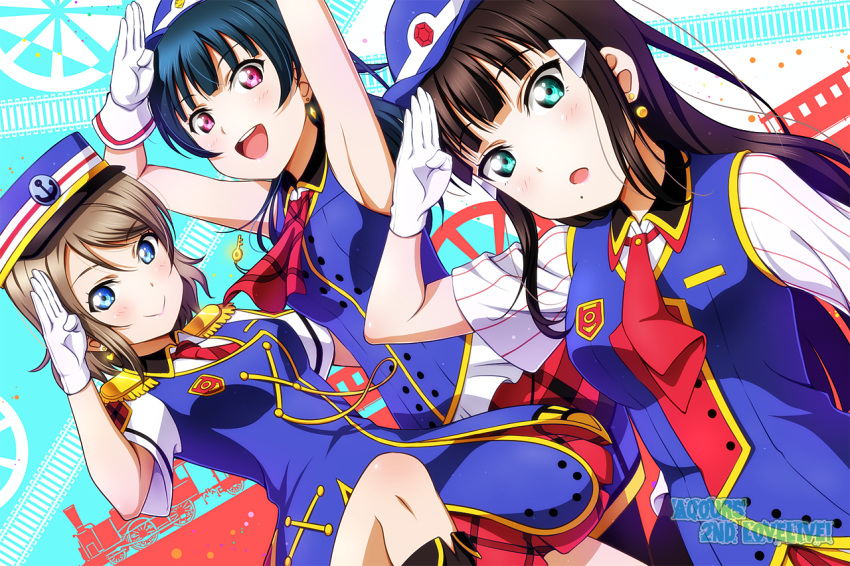 3girls anchor_symbol anibache armpits black_hair blue_eyes blue_hair blue_hat blush breasts brown_hair closed_mouth eyebrows_visible_through_hair gloves green_eyes happy_party_train hat kurosawa_dia large_breasts looking_at_viewer love_live! love_live!_sunshine!! multiple_girls open_mouth parted_lips pink_eyes puffy_short_sleeves puffy_sleeves salute short_hair short_sleeves smile tsushima_yoshiko watanabe_you white_gloves