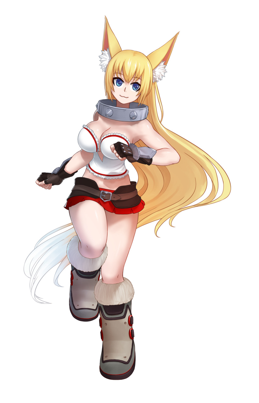 1girl :3 animal_ears belt blonde_hair blue_eyes boots breasts cleavage collar commentary fingerless_gloves fox_ears full_body fur_boots gloves highres jiffic large_breasts long_hair looking_at_viewer metal_collar midriff miniskirt original running simple_background skirt solo thighs ugg_boots very_long_hair white_background