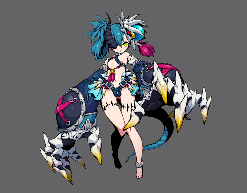 1girl absurdres bare_legs barefoot belt blue_hair breasts claws commentary_request full_body gluteal_fold green_eyes grey_background hair_ornament highres horn kaki_gohri original simple_background small_breasts solo stitches tail thigh_gap