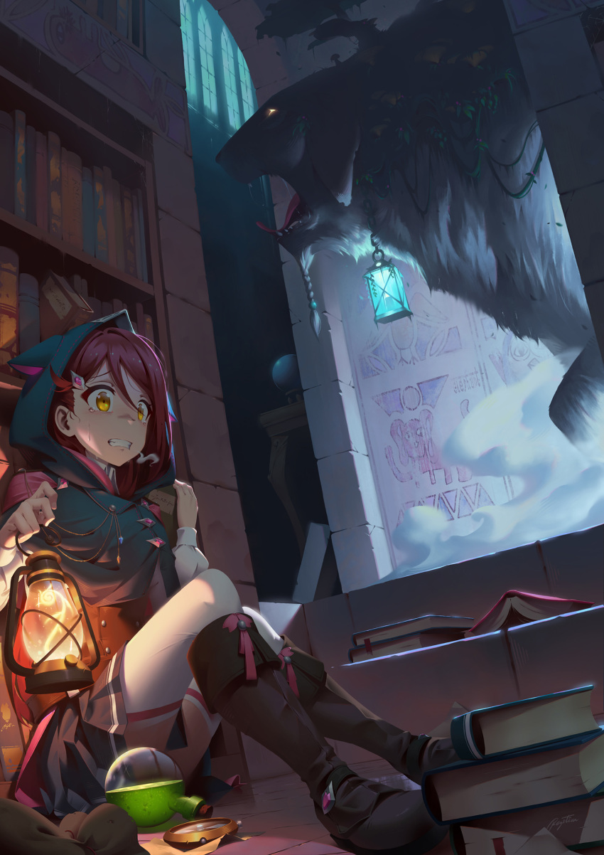 1girl aida_rikako book bookshelf boots bottle braided_beard breath brown_boots chains compass crystal_ball dog drawing fangs glowing glowing_eye hair_ornament highres hood lantern long_hair love_live! love_live!_sunshine!! miniskirt monster plant potion redhead regition sakurauchi_riko saliva saliva_trail scared seiyuu_connection shiitake_(love_live!_sunshine!!) signature sitting skirt smoke table tears tongue tongue_out vines white_legwear window yellow_eyes