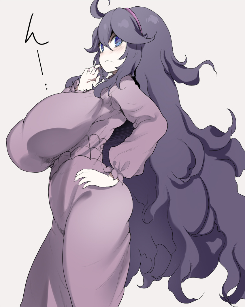 ahoge al_bhed_eyes blue_eyes blush breasts commentary_request cowboy_shot dress from_side frown hairband hand_on_hip hex_maniac_(pokemon) highres huge_breasts impossible_clothes kedamono_kangoku-tou long_hair looking_at_viewer messy_hair nail_polish npc_trainer pale_skin pink_hairband pink_nails pokemon pokemon_(game) pokemon_xy purple_dress purple_hair thinking translated very_long_hair white_background
