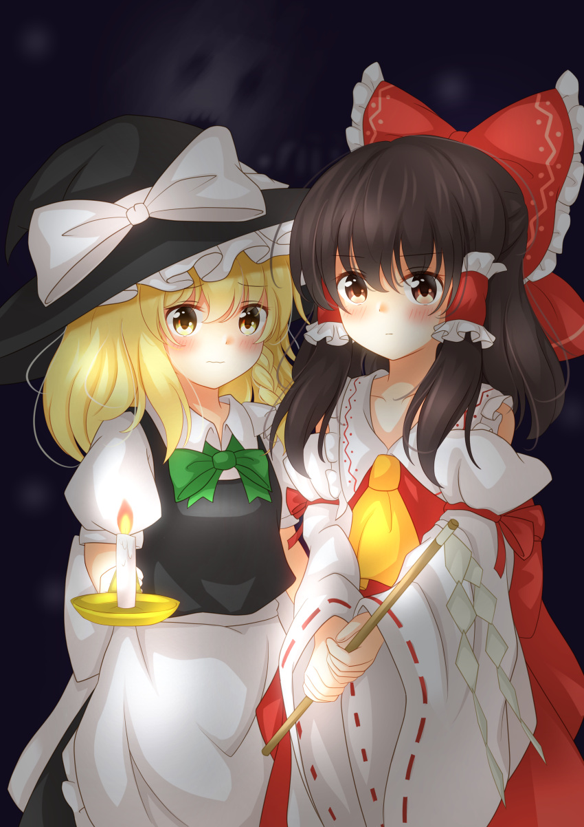 2girls absurdres apron ascot bare_shoulders blonde_hair blouse blush bow bowtie braid brown_eyes candle candlelight chocolate_hair collared_shirt commentary detached_sleeves gohei hakurei_reimu highres kirisame_marisa long_hair looking_at_viewer multiple_girls puffy_short_sleeves puffy_sleeves scared shirt short_sleeves single_braid skirt skirt_set touhou unira vest waist_apron wavy_mouth yellow_ascot yellow_eyes