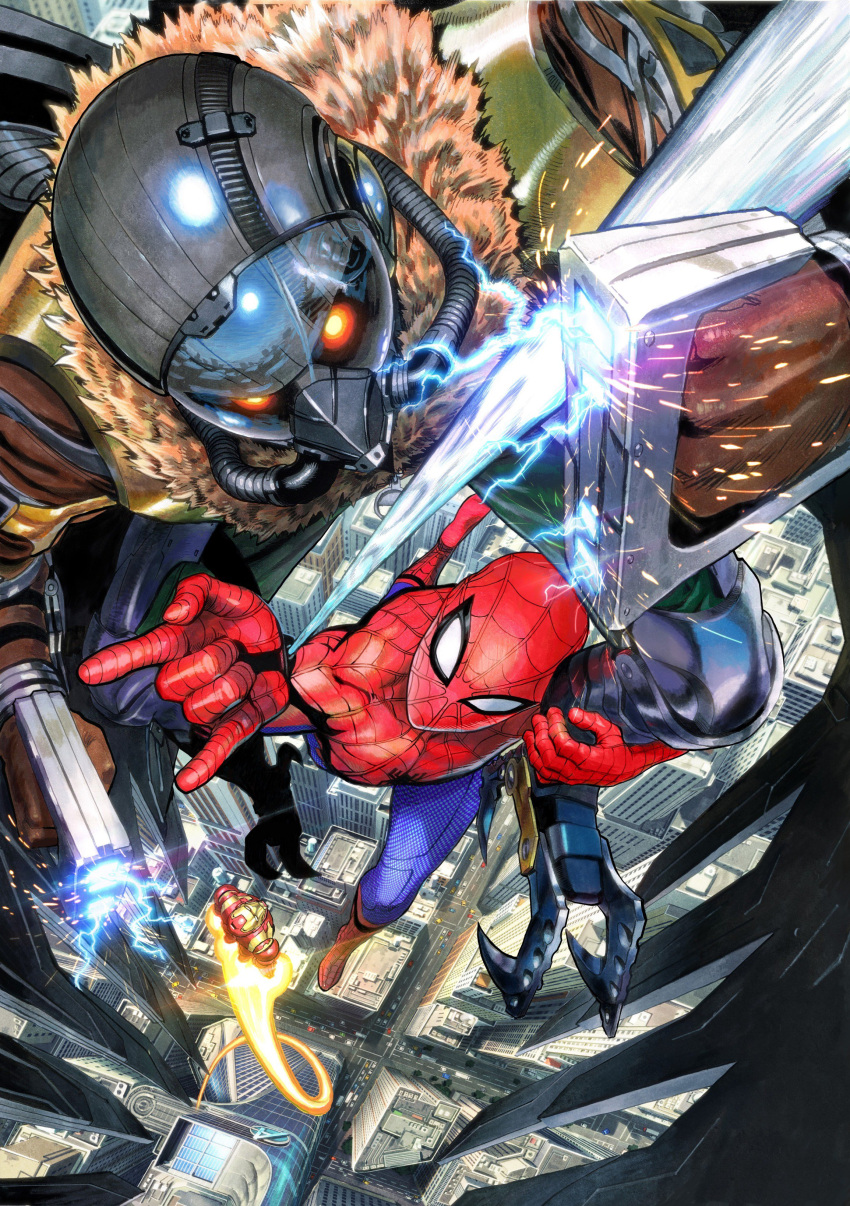 3boys absurdres bodysuit city commentary electricity fighting flying from_above fur_collar glowing glowing_eyes highres iron_man marvel mask mechanical_wings midair multiple_boys murata_yuusuke official_art power_armor silk spider-man spider-man:_homecoming spider-man_(series) spider_web superhero taser vulture_(marvel) wings