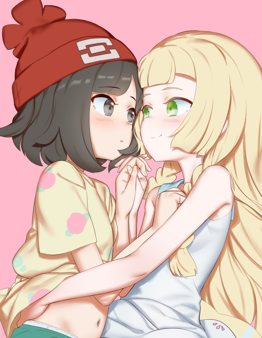 2girls absurdres beanie black_hair blonde_hair blush braid dress female green_eyes hand_holding hat highres lillie_(pokemon) long_hair mizuki_(pokemon_sm) multiple_girls navel panties panty_peek pink_background pokemon pokemon_(game) pokemon_sm red_hat shamonabe_(pypyworks) short_hair short_sleeves simple_background sleeveless sleeveless_dress smile twin_braids underwear white_dress white_panties yuri