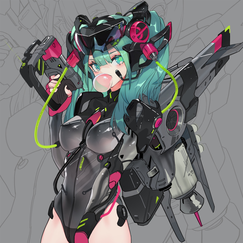 1girl aqua_eyes aqua_hair bangs bare_hips black_nails blush breasts bubble_blowing chewing_gum cowboy_shot fingerless_gloves gloves goggles goggles_on_head grandialee grey_background grey_leotard gun headgear headset highres holding holding_gun holding_weapon leotard long_hair long_sleeves looking_at_viewer mecha_musume medium_breasts nail_polish original pink_gloves shiny shiny_clothes skin_tight solo symbol_in_eye twintails weapon zoom_layer