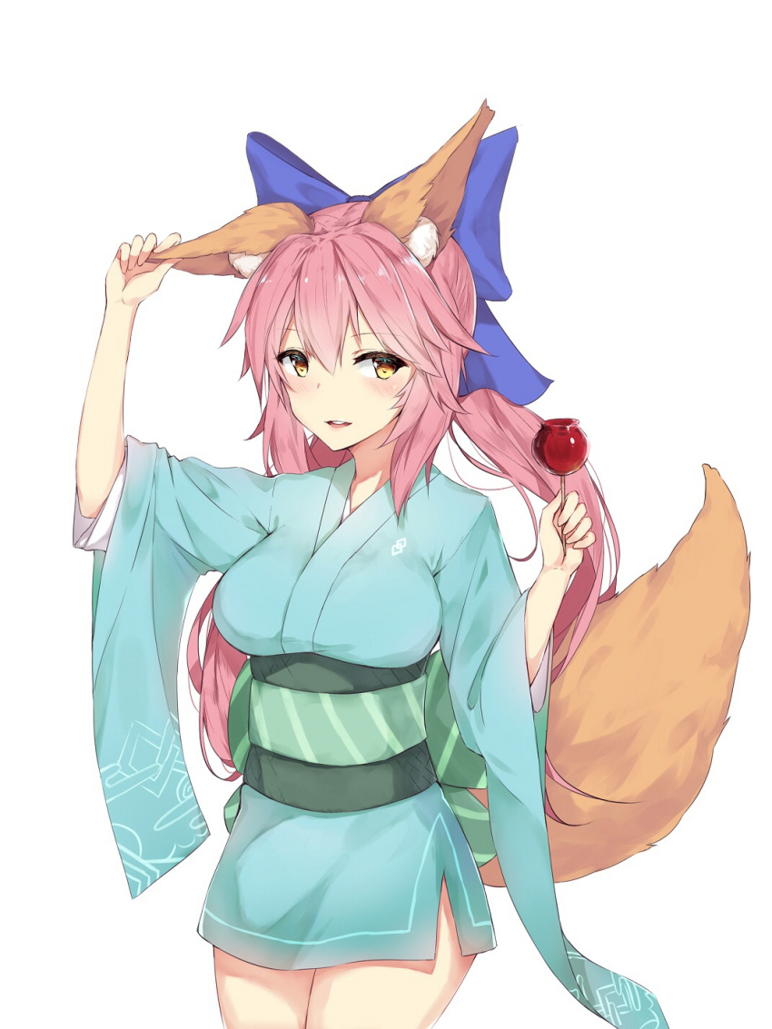 1girl animal_ears blue_bow blush bow breasts candy_apple eyebrows_visible_through_hair fate_(series) food fox_ears fox_tail hair_bow highres large_breasts long_hair looking_at_viewer parted_lips pink_hair sdustz smile solo tail tamamo_(fate)_(all) tamamo_no_mae_(fate) twintails yellow_eyes