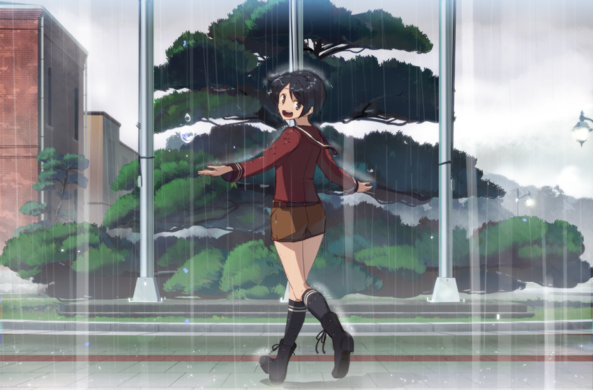 1girl black_boots black_hair black_legwear boots brown_eyes brown_sailor_collar brown_serafuku brown_shorts flagpole from_behind kantai_collection looking_at_viewer looking_back mogami_(kantai_collection) outstretched_arms rain school_uniform serafuku short_hair shorts solo takuzui tree walking