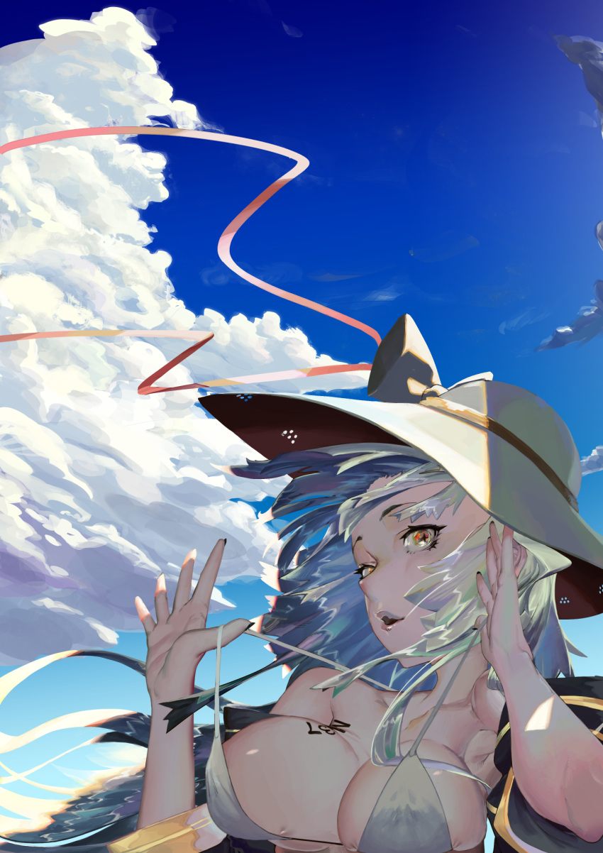 +_+ 1girl black_nails blue_sky breasts cleavage clouds girls_frontline hat highres large_breasts long_hair looking_at_viewer nail_polish parted_lips silver_hair sky smile solo tok upper_body