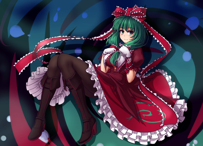 1girl boots breasts brown_legwear commentary_request dress eyebrows_visible_through_hair frilled_dress frilled_ribbon frills front_ponytail full_body gloves green_eyes green_hair hair_ribbon hater_(hatater) high_heel_boots high_heels highres kagiyama_hina knee_boots large_breasts light_smile long_hair looking_at_viewer pantyhose puffy_short_sleeves puffy_sleeves red_dress ribbon short_sleeves solo touhou white_gloves wrist_ribbon