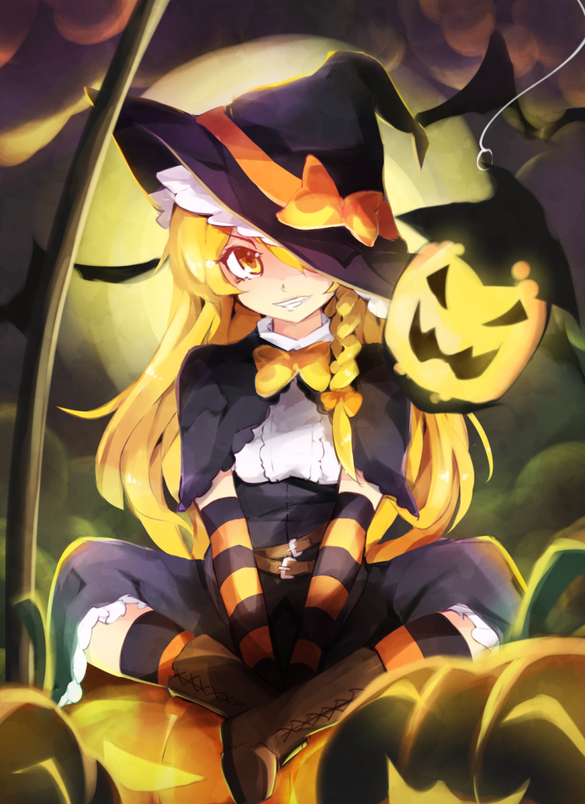 1girl black_gloves black_hat black_legwear blonde_hair blush boots bow brown_boots chiroru_(cheese-roll) elbow_gloves gloves hair_bow halloween hat hat_bow hat_ribbon highres jack-o'-lantern kirisame_marisa knee_boots kneehighs long_hair looking_at_viewer multicolored multicolored_clothes multicolored_gloves orange_bow orange_gloves orange_legwear orange_ribbon parted_lips pumpkin ribbon sitting sketch smile solo striped striped_legwear teeth touhou witch_hat yellow_eyes