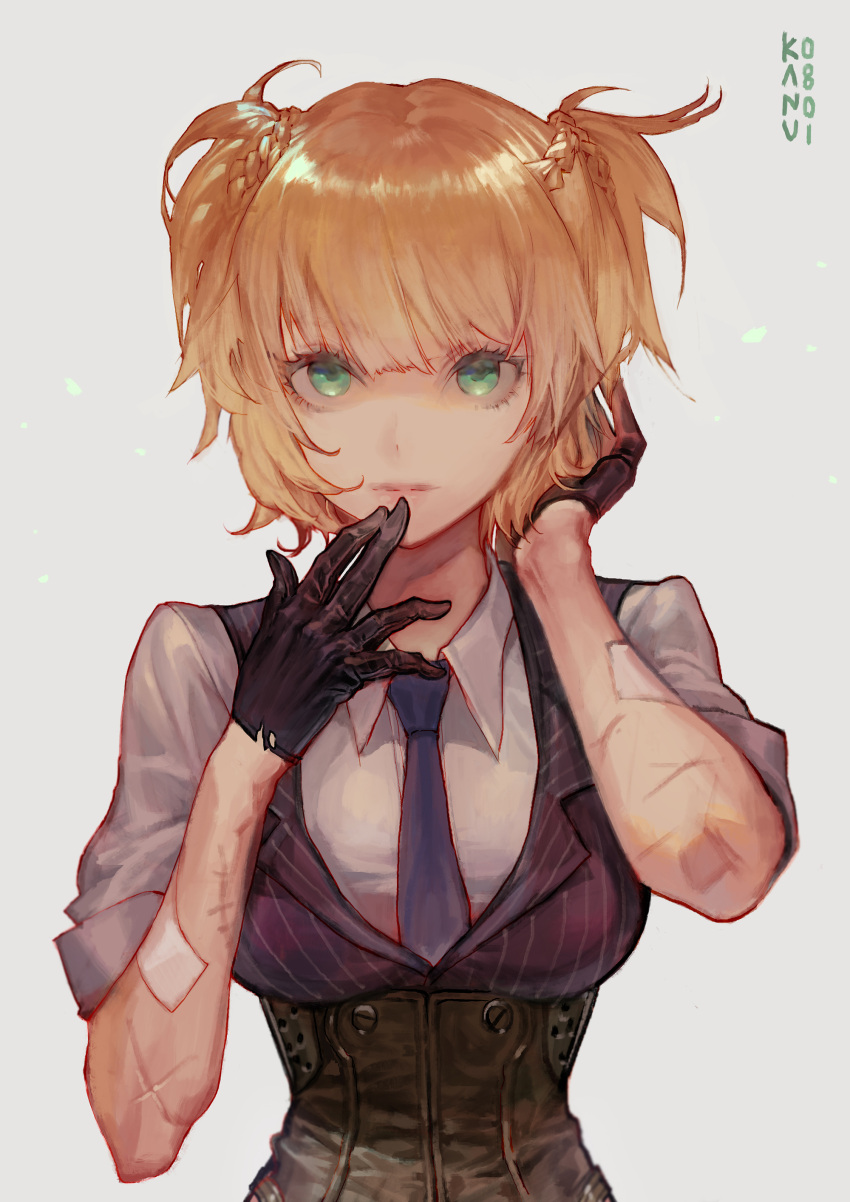 1girl absurdres arm_up artist_name bangs black_gloves blonde_hair braid breasts corset girls_frontline gloves green_eyes hand_up highres kanunu large_breasts lips short_hair short_twintails signature sleeves_rolled_up solo twintails upper_body welrod_mk2_(girls_frontline)