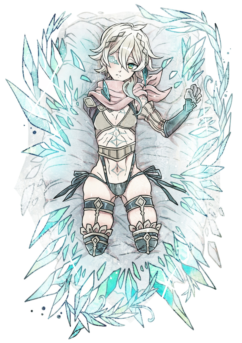 1boy amputee androgynous aqua_eyes blonde_hair commentary_request crystal elbow_gloves eyebrows_visible_through_hair feathers frown gloves hair_feathers highres lying missing_eye navel on_back original scarf skindentation tattoo towa-darkmistic triple_amputee