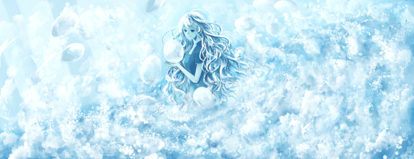 1girl ahoge black_eyes blue breasts bubble closed_mouth commentary_request curly_hair highres long_hair looking_at_viewer medium_breasts original sakimori_(hououbds) smile solo water