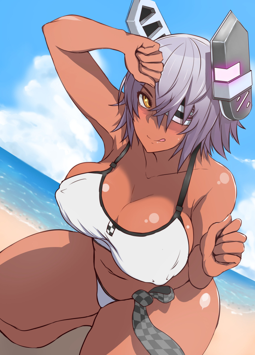 1girl absurdres bare_shoulders blush breasts checkered checkered_necktie cleavage clouds day eyepatch headgear highres kantai_collection large_breasts looking_at_viewer nabeshiki_(nabeyashiki) necktie ocean outdoors purple_hair short_hair sky smile solo swimsuit tan tenryuu_(kantai_collection) tongue tongue_out white_swimsuit yellow_eyes