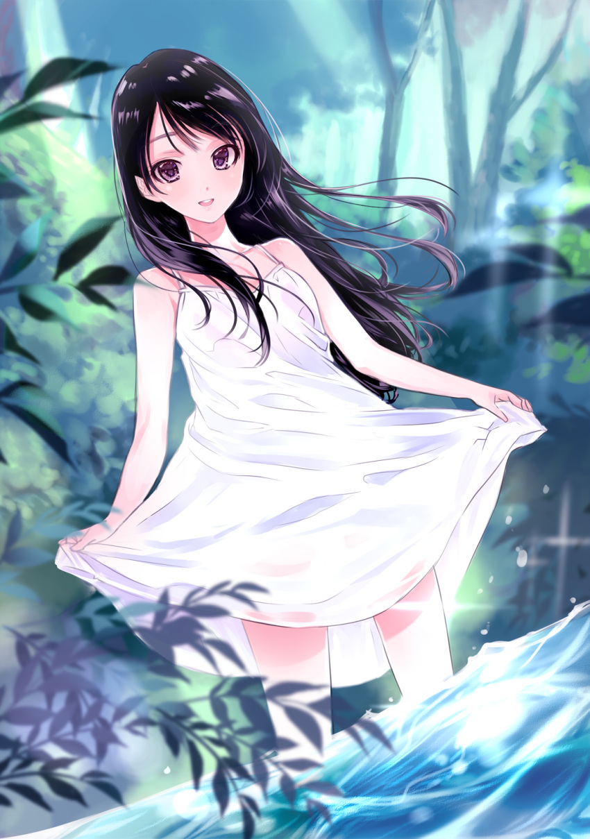 1girl :d akiyama_sunao bangs bare_arms bare_shoulders black_hair breasts commentary_request dress forest highres holding_dress leaf long_hair looking_at_viewer nature open_mouth original small_breasts smile soaking_feet solo standing sundress violet_eyes wading water white_dress