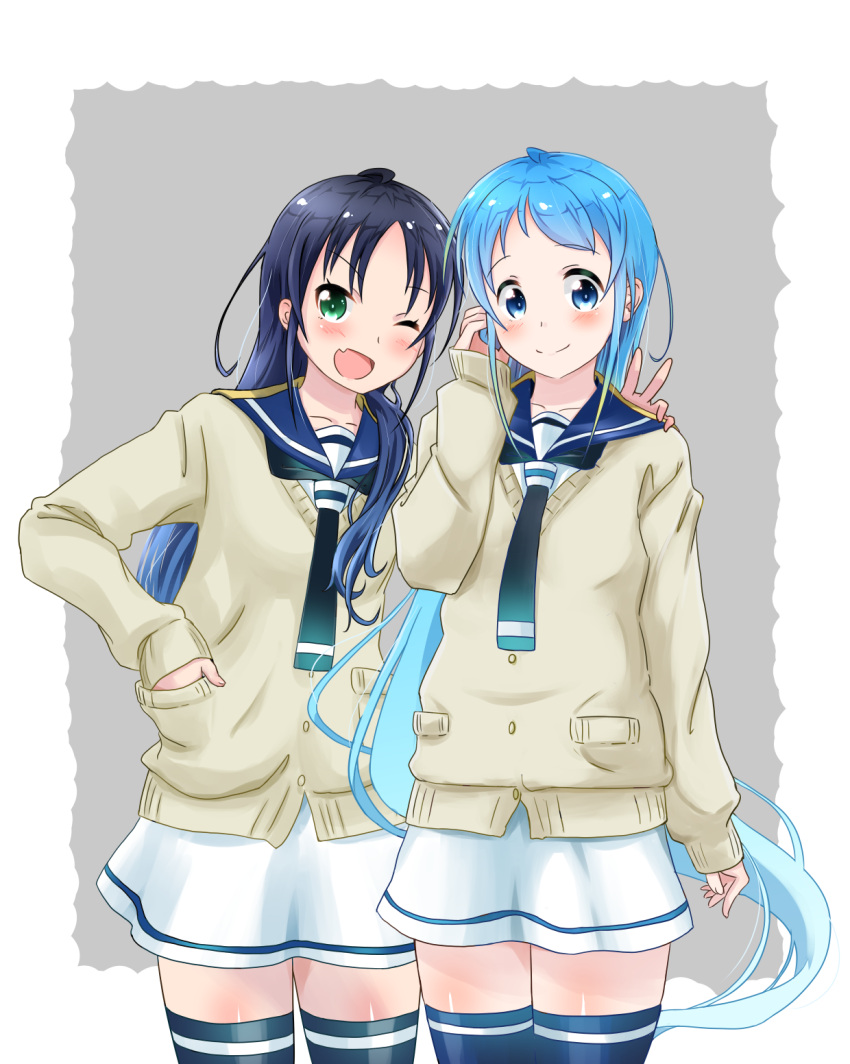 2girls ;d adapted_costume alternate_hairstyle black_legwear blue_eyes blue_hair gradient_hair green_eyes hand_on_another's_shoulder highres kantai_collection long_hair looking_at_viewer multicolored_hair multiple_girls one_eye_closed open_mouth samidare_(kantai_collection) school_uniform serafuku smile suzukaze_(kantai_collection) sweater thigh-highs v yokoshima_(euphoria) zettai_ryouiki