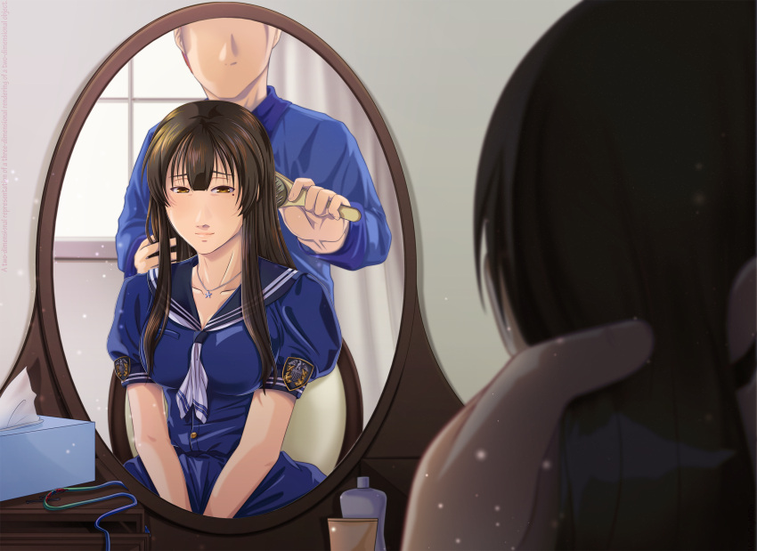 1boy 1girl black_hair blue_dress blue_ribbon blurry breasts brown_eyes commentary couple depth_of_field dress faceless faceless_male green_ribbon hair_brush hair_brushing hetero highres holding holding_hair iowa_(pacific) jewelry kantai_collection long_hair looking_at_mirror medium_breasts melisaongmiqin mirror mole mole_under_eye multicolored multicolored_ribbon necklace no_hat no_headwear pacific puffy_short_sleeves puffy_sleeves red_ribbon redhead ribbon sad sailor_dress short_sleeves smile star_necklace tissue_box v_arms