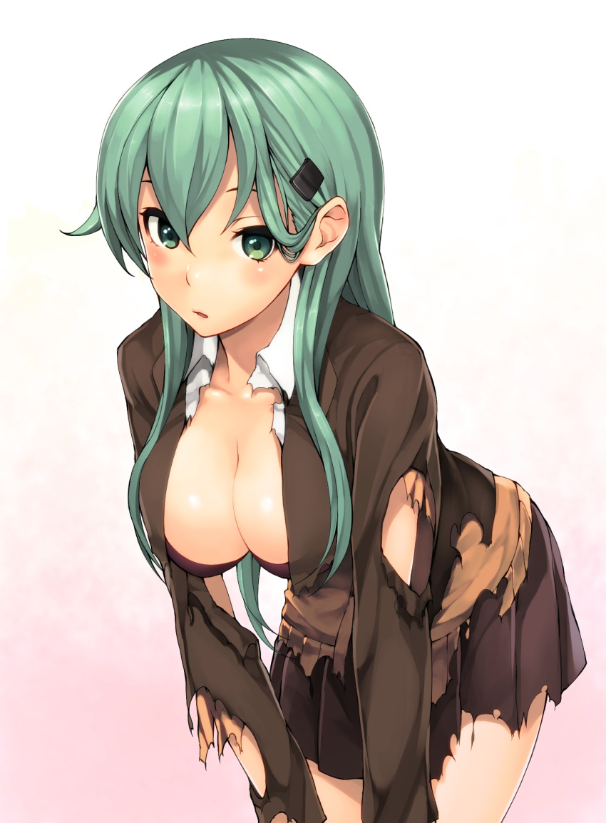 1girl aqua_hair blush bra breasts brown_blazer brown_jacket brown_skirt cleavage collarbone collared_shirt gradient gradient_background green_eyes hair_between_eyes hair_ornament hairclip highres kantai_collection large_breasts leaning_forward long_sleeves looking_at_viewer parted_lips pleated_skirt purple_bra remodel_(kantai_collection) shirt siesta_(artist) skirt solo suzuya_(kantai_collection) torn_clothes underwear upper_body white_shirt