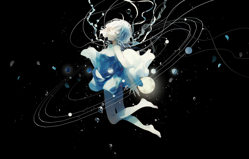 1girl absurdres ahoge bare_arms barefoot black_background blue_dress blue_hair breasts choker commentary cui_(jidanhaidaitang) dress expressionless floating from_side highres jellyfish looking_at_viewer medium_breasts mouth_hold original petals planet short_hair sleeveless sleeveless_dress solo water_drop