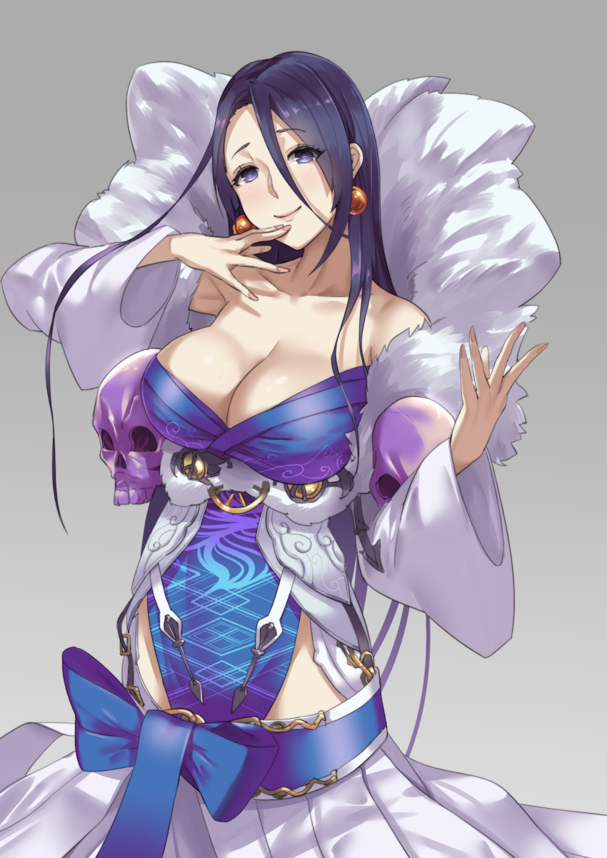 1girl bare_shoulders black_hair blue_eyes blush breasts cleavage closed_mouth collarbone cowboy_shot dress earrings hair_between_eyes highres japanese_clothes jewelry kaguya_hime_(sinoalice) kimono large_breasts long_sleeves looking_at_viewer off-shoulder_dress off_shoulder sinoalice skull smile solo white_dress wide_sleeves worldless