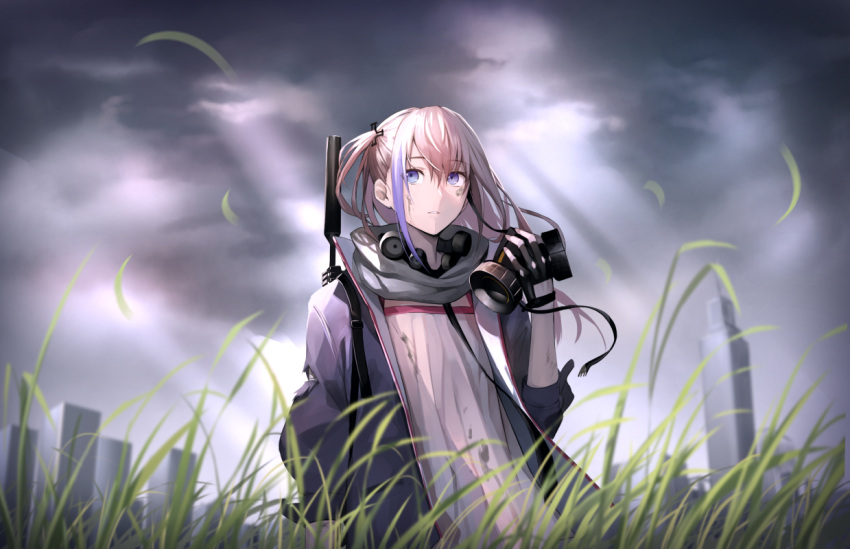 1girl bangs black_gloves blue_eyes blue_hair eyebrows_visible_through_hair fingerless_gloves girls_frontline gloves grass hair_between_eyes highlights holding jacket light_rays long_hair looking_up multicolored_hair one_side_up open_clothes open_jacket outdoors overcast parted_lips pink_hair shijiu_(adamhutt) solo st_ar-15_(girls_frontline) sunbeam sunlight suppressor