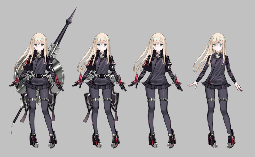 1girl alternate_costume blonde_hair blue_eyes character_sheet cropped_jacket full_body grey_background high_heels iron_cross kantai_collection lance long_hair long_sleeves microskirt pantyhose pleated_skirt polearm ruisento shield simple_background skirt solo standing tera_online u-511_(kantai_collection) weapon weapon_on_back