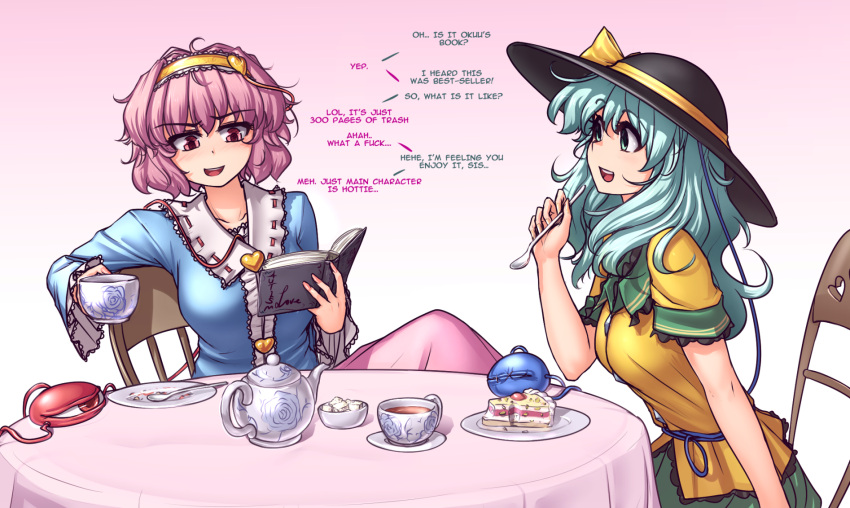 2girls aqua_hair blouse blue_blouse book cake chair commentary cup engrish food gradient gradient_background green_eyes green_skirt hairband hat hat_ribbon hater_(hatater) heart highres komeiji_koishi komeiji_satori lolita_hairband long_hair long_sleeves looking_at_another looking_down multiple_girls open_book open_mouth pink_background pink_eyes pink_hair pink_skirt plate ranguage reading ribbon saucer short_hair short_sleeves siblings sisters sitting skirt spoon sugar_bowl sugar_cube table tablecloth teacup teapot third_eye touhou yellow_blouse