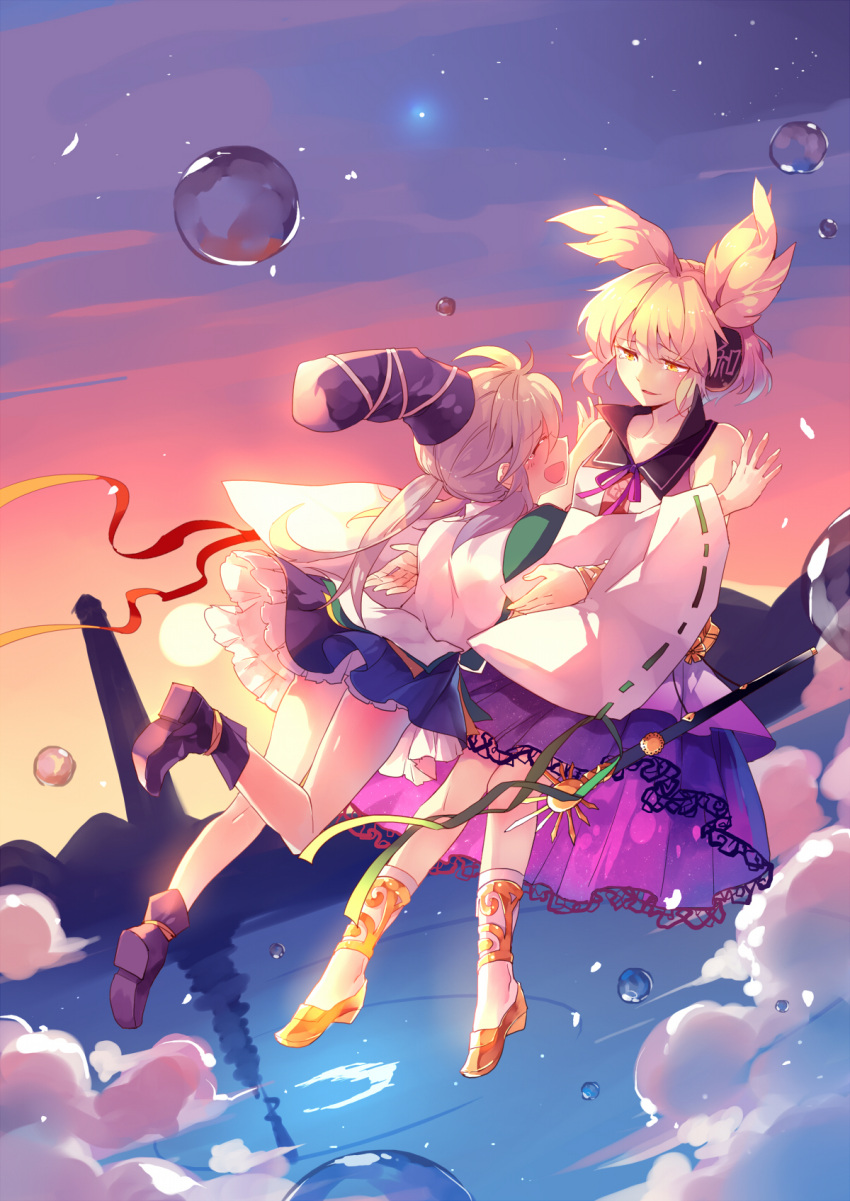 2girls anklet bare_legs bare_shoulders blonde_hair blue_skirt bracelet commentary_request earmuffs flying hat highres japanese_clothes jewelry kariginu long_sleeves miniskirt mononobe_no_futo multiple_girls outdoors pointy_ears ponytail purple_shoes purple_skirt ribbon-trimmed_sleeves ribbon_trim ritual_baton shoes silver_hair skirt sky smile star_(sky) starry_sky tate_eboshi tears touhou toyosatomimi_no_miko wide_sleeves yellow_eyes yellow_shoes yetworldview_kaze
