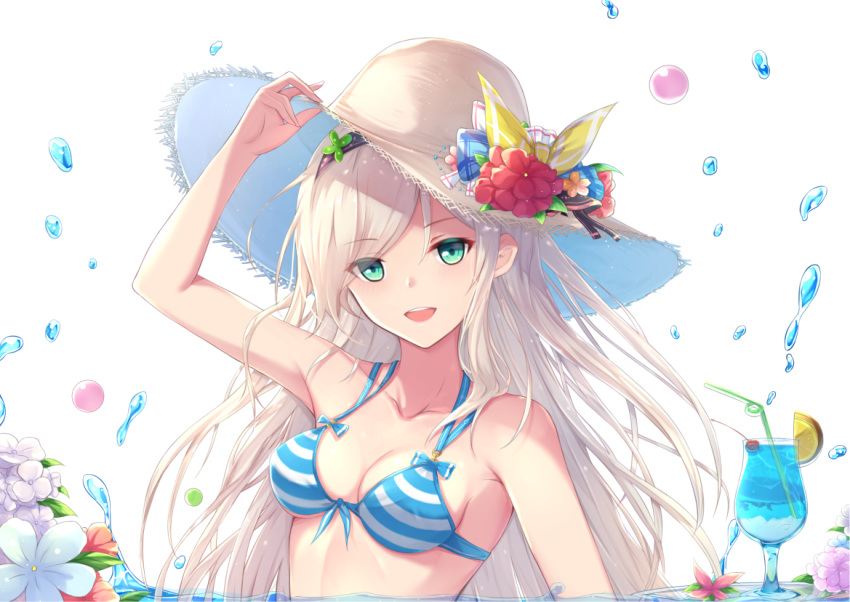 1girl adjusting_clothes adjusting_hat aqua_eyes arm_up blush breasts cleavage collarbone cup drinking_glass drinking_straw eyebrows_visible_through_hair fuuro_(johnsonwade) hairband hat long_hair looking_at_viewer medium_breasts open_mouth original silver_hair smile solo swimsuit teeth upper_body water_drop