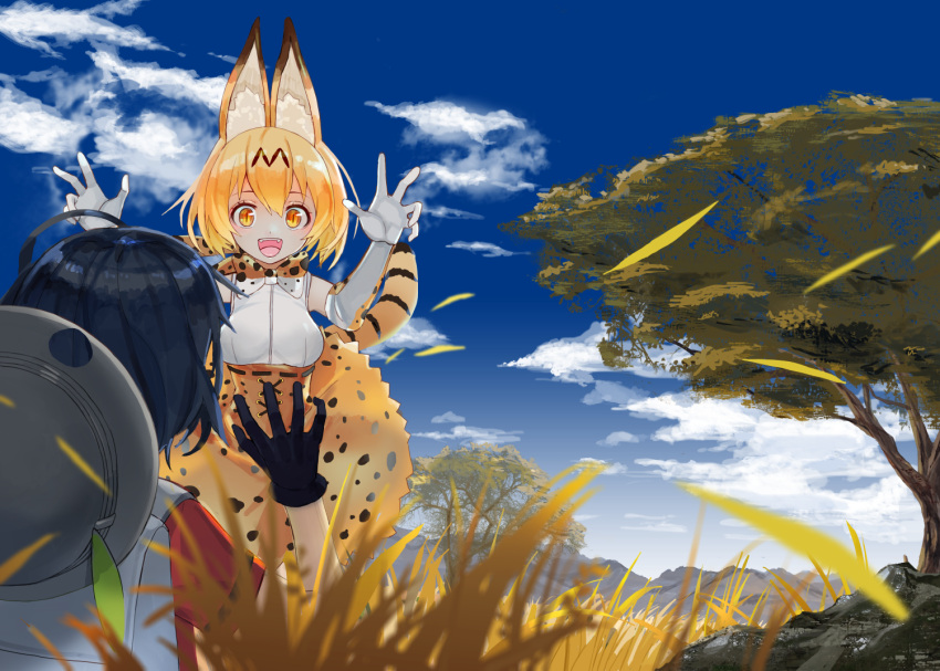 2girls animal_ears animal_print backpack bag bangs black_hair blonde_hair blue_sky bucket_hat claw_pose clouds cloudy_sky day elbow_gloves fangs gloves grass hair_between_eyes hands_up hat high-waist_skirt kaban_(kemono_friends) kemono_friends looking_at_another multiple_girls open_mouth outdoors red_shirt ruisento savannah serval_(kemono_friends) serval_ears serval_tail shirt short_hair short_sleeves skirt sky smile tail tareme teeth yellow_eyes