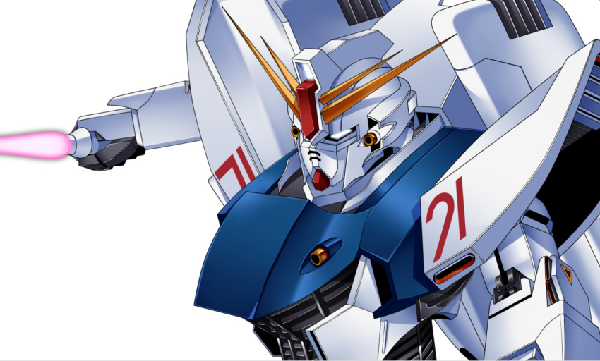 commentary_request energy_sword f91_gundam glowing glowing_eyes gundam gundam_f91 holding holding_sword holding_weapon humanoid_robot kagiyama_(gen'ei_no_hasha) mecha no_humans simple_background sword weapon white_background