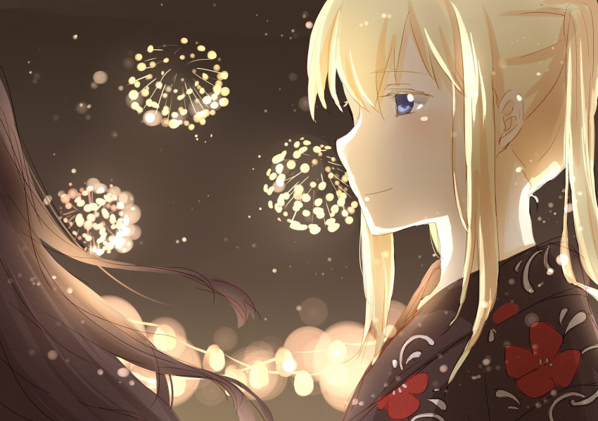 2girls alternate_costume asakawa_shinka black_hair blonde_hair blue_eyes blurry blurry_background closed_mouth commentary eyebrows_visible_through_hair fireworks floral_print graf_zeppelin_(kantai_collection) hair_between_eyes hair_over_shoulder highres japanese_clothes kantai_collection kimono multiple_girls night night_sky portrait shaded_face sidelocks sky smile straight_hair twintails yukata