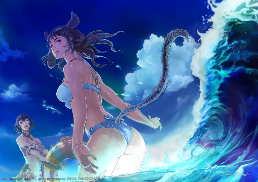 1boy 2girls animal_ears artist_request ass au_ra bikini black_hair breasts cat_ears cat_tail dragon_girl dragon_horns dragon_tail final_fantasy final_fantasy_xiv highres horns hyur looking_at_viewer medium_breasts miqo'te multiple_girls official_art one_eye_closed open_mouth red_eyes scales short_hair signature standing swimsuit tail water