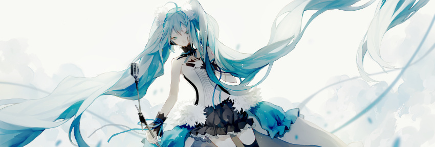 1girl 7th_dragon_(series) 7th_dragon_2020 absurdly_long_hair absurdres ahoge aqua_eyes aqua_hair aqua_ribbon backlighting bare_shoulders black_legwear black_skirt commentary_request cowboy_shot cui_(jidanhaidaitang) detached_collar floating_hair fur hair_ornament hand_on_own_chest hatsune_miku highres holding light_smile long_hair microphone_stand overskirt ribbon skirt solo strapless thigh-highs twintails very_long_hair vocaloid wrist_cuffs zettai_ryouiki