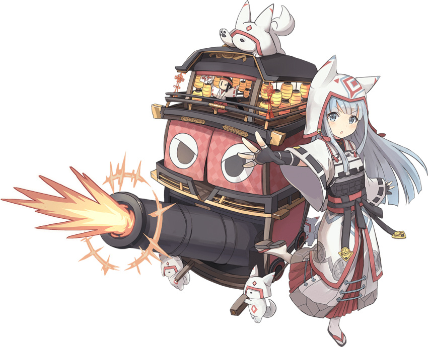 1girl animal_ears armor armored_dress black_gloves cannon dog_ears dress fang fingerless_gloves firing gloves grey_eyes hat hat_with_ears inuyama_(oshiro_project) long_hair looking_at_viewer nanashina official_art open_mouth oshiro_project silver_hair smile